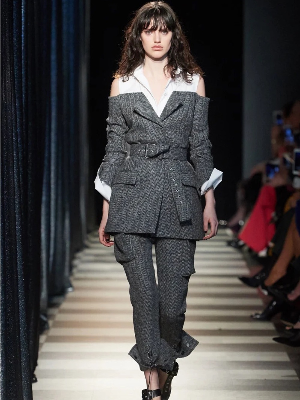 MONSE Runway 100% Wool Herringbone Off-Shoulder Blazer & Pants Set